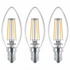 3 Pack of Philips 4.3W = 40W SES E14 LED Clear Filament Candle Bulbs Warm White 2700K