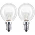 2x Philips 40W 230V SES E14 Dimmable 2700K Warm White P45 Round Clear Light Bulb