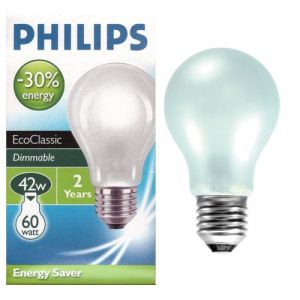 Philips EcoClassic30 42W 240V ES E27 Dimmable Halogen White Opal GLS Light Bulb