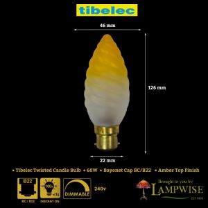 Tibelec 60W 230V BC B22 46mm Twisted Large Amber Candle Light Bulb