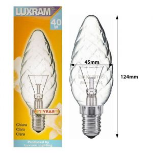Luxram 40W 240V SES E14 Twisted Clear 45mm Large Candle Light Bulb